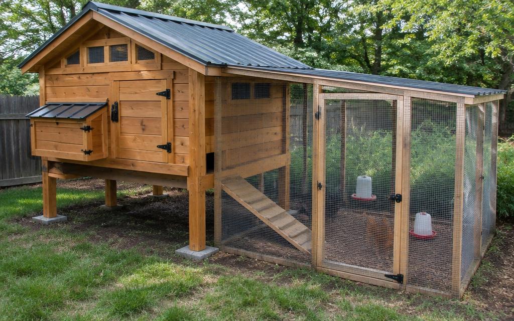 Raised chicken coop with nesting box, vents and wire run