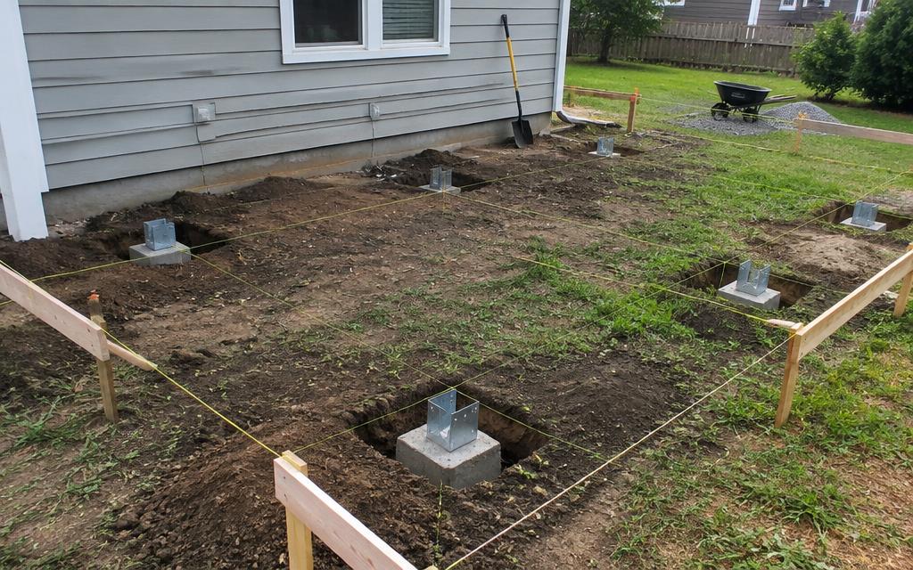 Deck footings with concrete piers, post bases and string lines