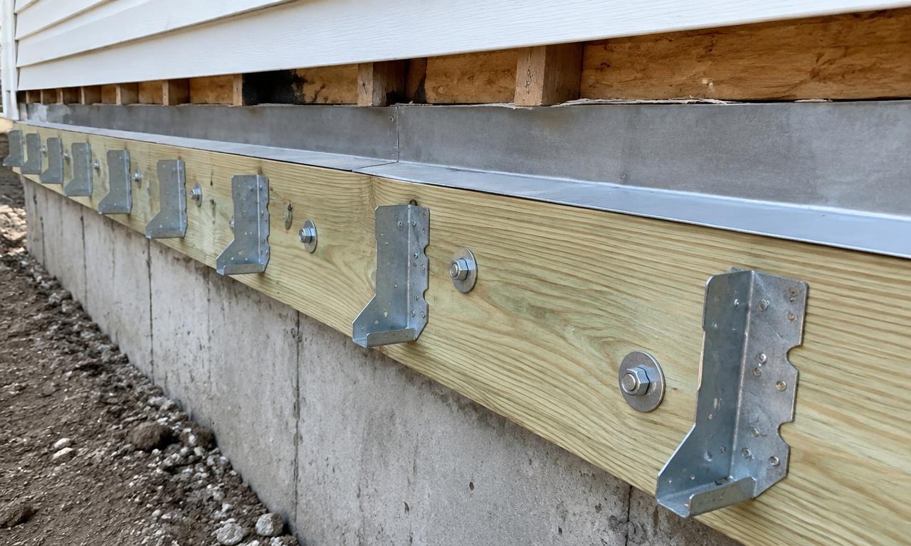 Treated ledger board bolted to the house rim with flashing and joist hangers