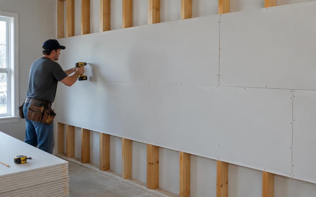 Screwing drywall sheets to studs with staggered seams