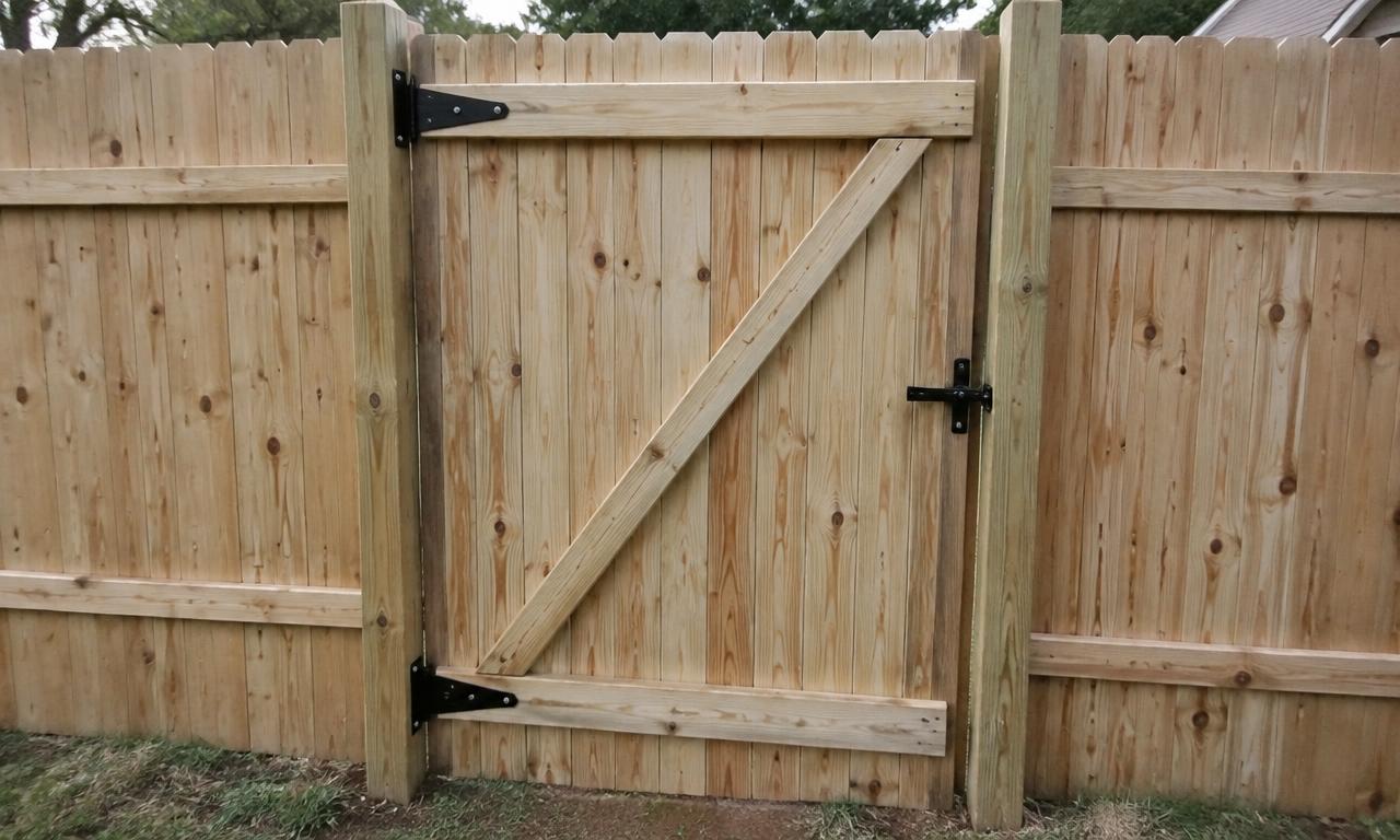 Privacy fence gate with Z-brace frame, strap hinges and latch