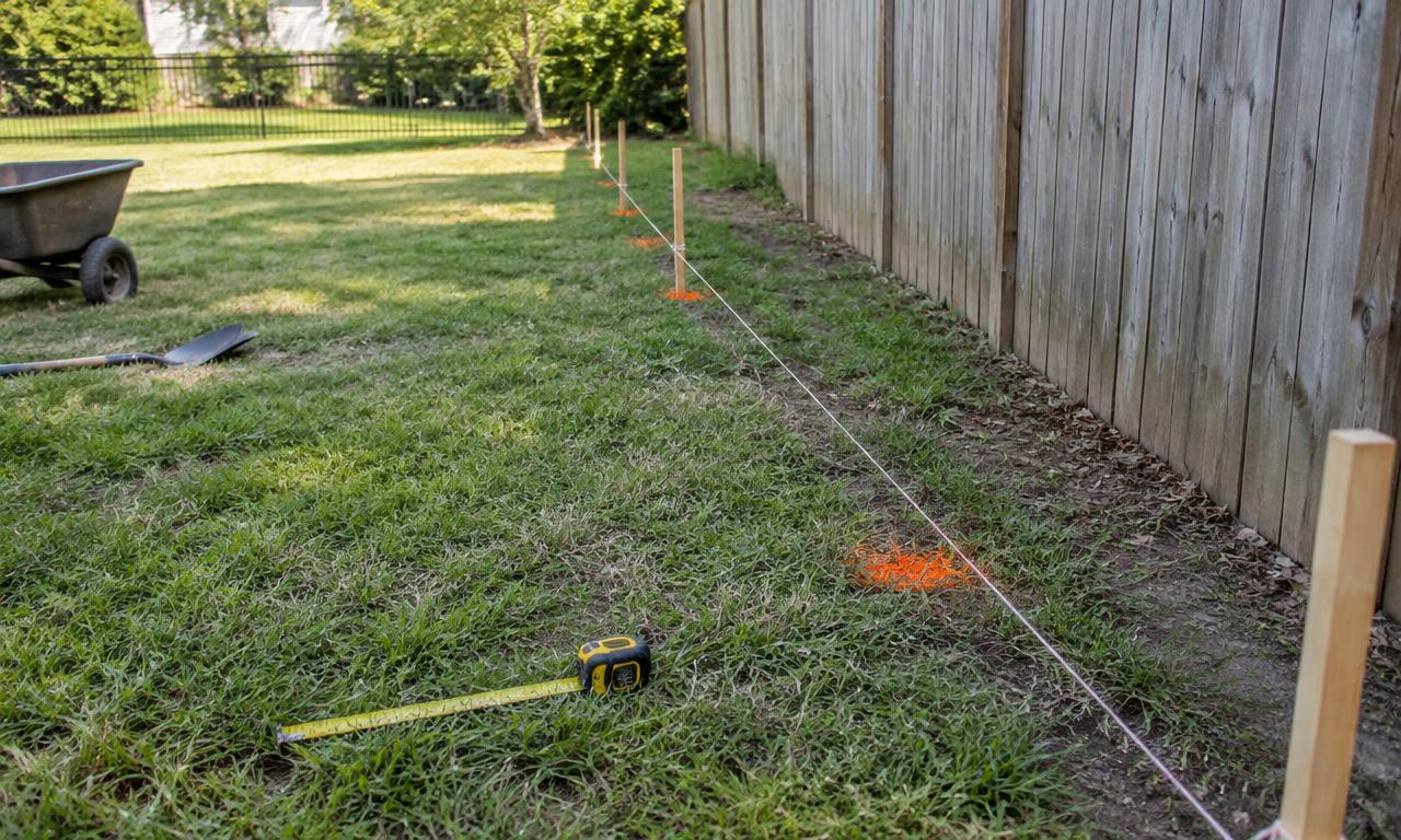 Fence line laid out with stakes, string line and paint marks at each post hole