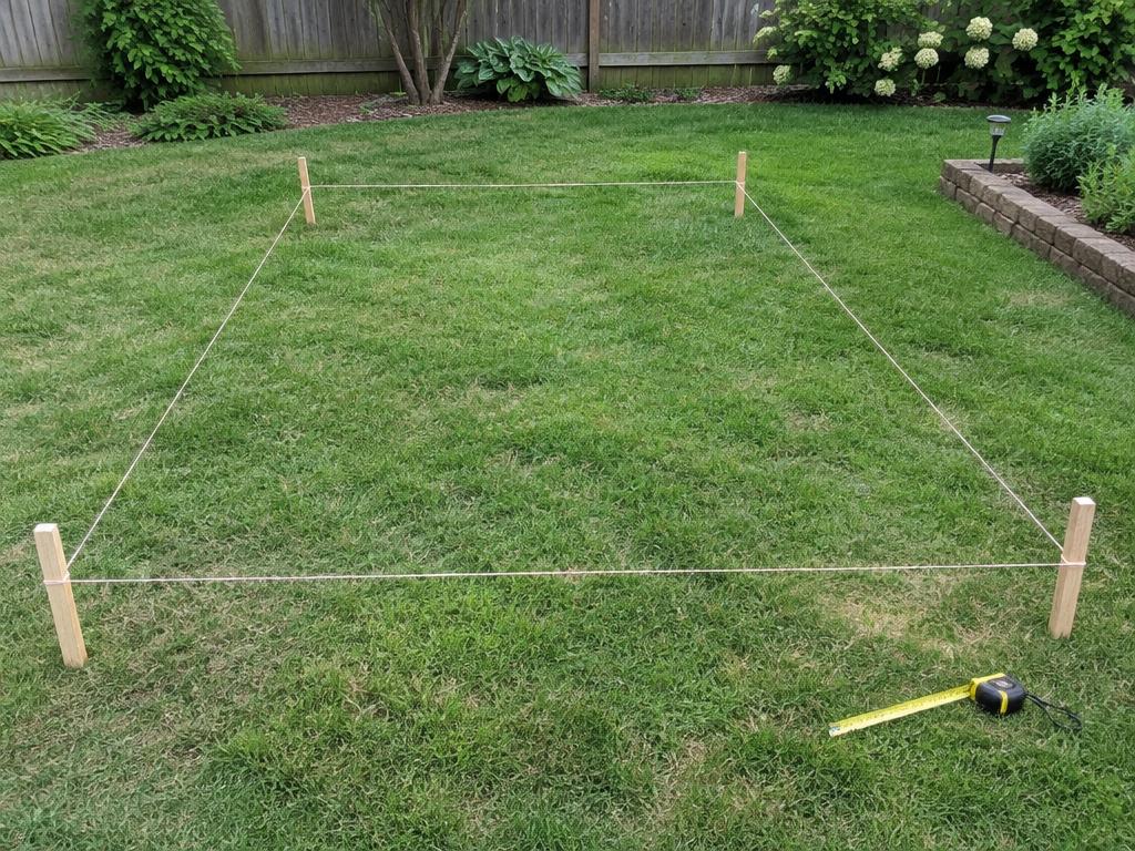 Batter boards and string lines laying out a rectangular footprint