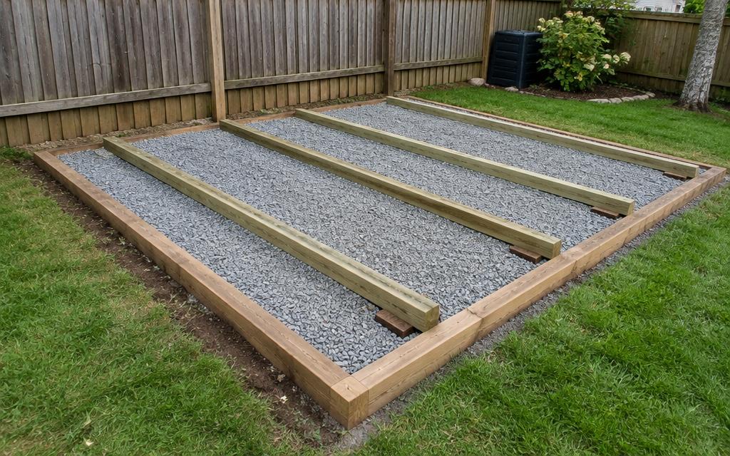 Level gravel pad with treated skids for a shed