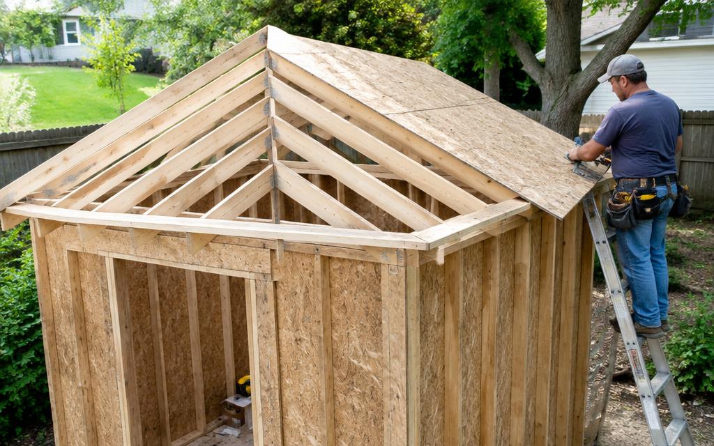 Shed gable rafters on a ridge board, partly sheathed