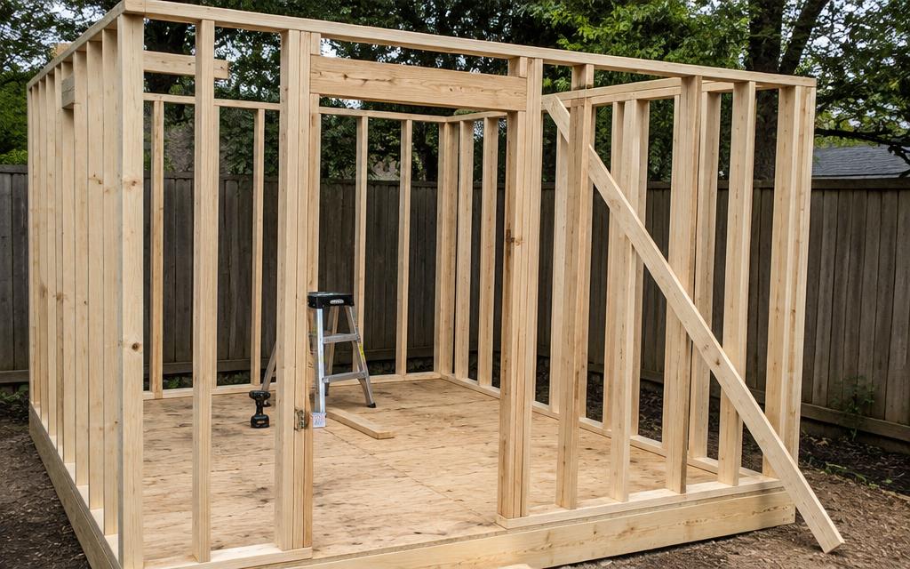 Shed stud walls standing on the floor with a door header
