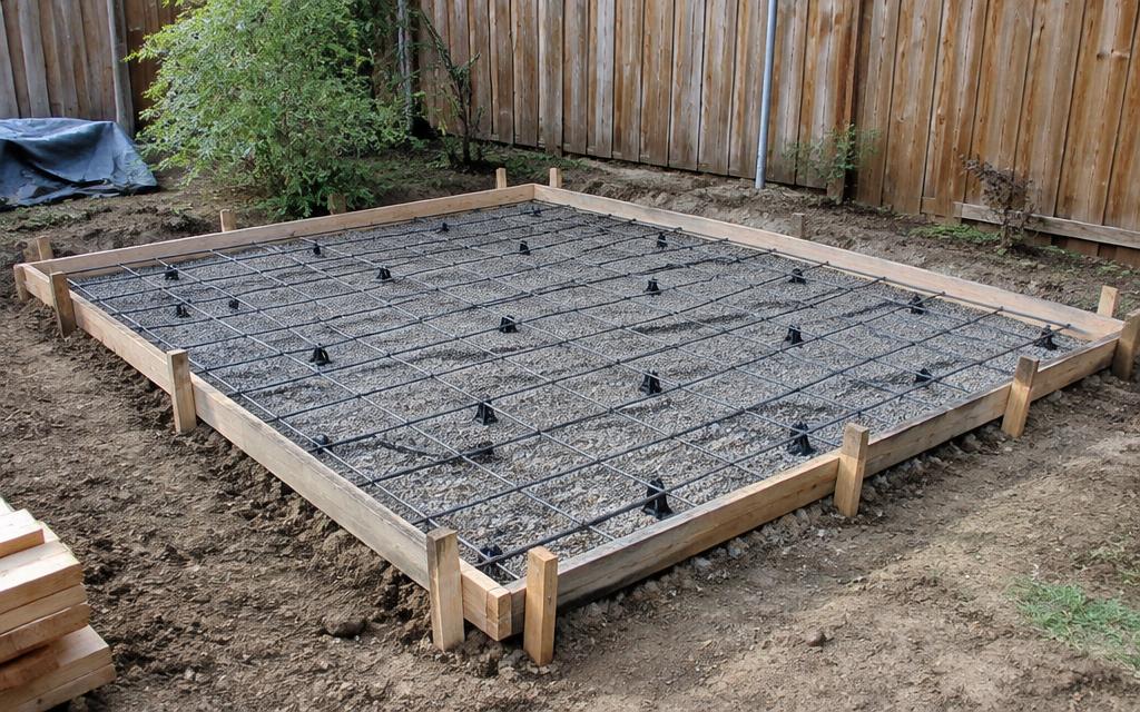 Slab forms staked over gravel with rebar on chairs